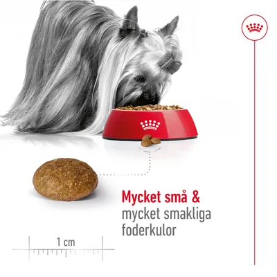Hund äter ur röd matskål med Royal Canin-symbol, närbild på foderkula bredvid linjal som visar 1 cm. Text: Mycket små & mycket smakliga foderkulor.