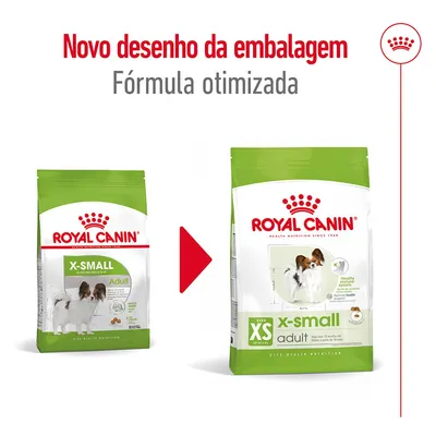Novo desenho da embalagem. Fórmula otimizada. Dois sacos de ração Royal Canin X-Small Adult para cães, mostrando a mudança de design e texto visível nas embalagens.