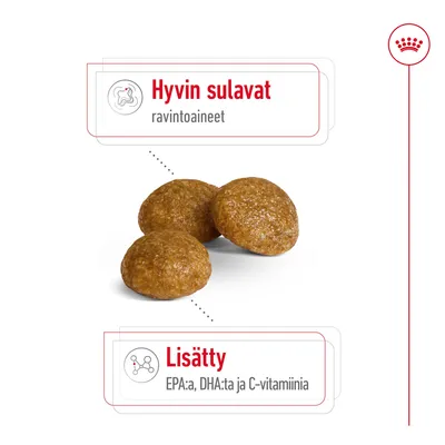 Kolme ruskeaa nappulaa, tekstit: Hyvin sulavat ravintoaineet. Lisätty EPA:a, DHA:ta ja C-vitamiinia.