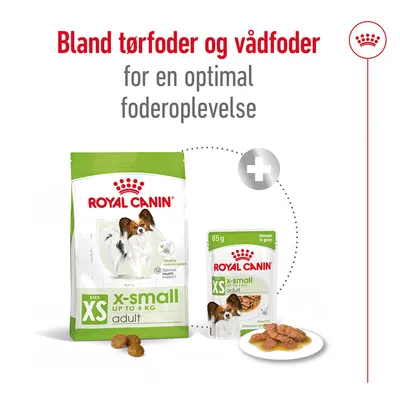 Royal Canin x-small up to 4 kg adult tørfoder og vådfoder, tekst: Bland tørfoder og vådfoder for en optimal foderoplevelse. 85 g vådfoderpose og tørfoderpose vises.
