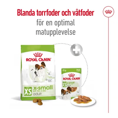 Blanda torrfoder och våtfoder för en optimal matupplevelse. Royal Canin x-small adult upp till 4 kg, både torr- och våtfoder visas med förpackningar och foderbitar.