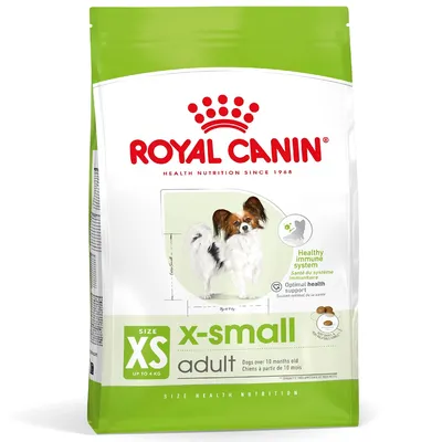 Royal Canin x-small adult kutyatáp, XS méret, 4 kg-ig, felnőtt kutyáknak. Csomagoláson: papillon kutya képe, Healthy immune system, Optimal health support feliratok. Royal Canin x-small adult kutyatáp, XS méret, 4 kg-ig, felnőtt kutyáknak. Csomagoláson: papillon kutya képe, Healthy immune system, Optimal health support feliratok.