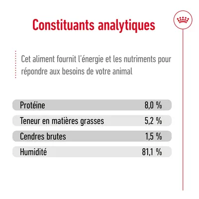 Constituants analytiques : protéine 8,0 %, matières grasses 5,2 %, cendres brutes 1,5 %, humidité 81,1 %. Texte : cet aliment fournit énergie et nutriments pour votre animal.