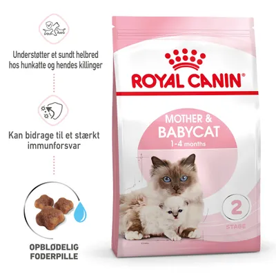 ROYAL CANIN Mother & Babycat 1–4 months. Understøtter et sundt helbred hos hunkatte og hendes killinger. Kan bidrage til et stærkt immunforsvar. Oplødelig foderpille.