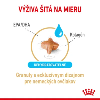 Výživa šitá na mieru. EPA/DHA, kolagén, rehydratovateľné granuly s exkluzívnym dizajnom pre nemeckých ovčiakov.