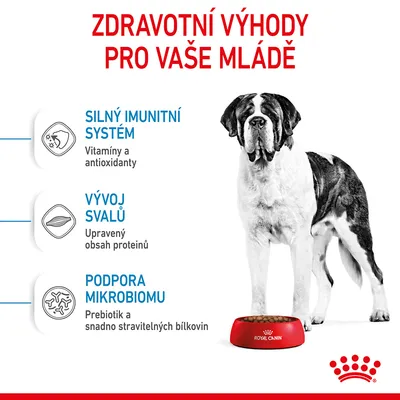Zdravotní výhody pro vaše mládě: silný imunitní systém (vitamíny a antioxidanty), vývoj svalů (upravený obsah proteinů), podpora mikrobiomu (prebiotik a snadno stravitelné bílkoviny).