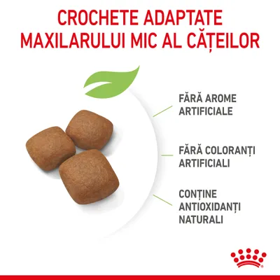 Crochete adaptate maxilarului mic al cățeilor. Fără arome artificiale, fără coloranți artificiali, conține antioxidanți naturali. Trei crochete maro vizibile.