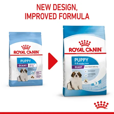 Comparison of old and new Royal Canin Puppy Giant packaging, showing updated design and improved formula for puppies over 45 kg, with text: New Design, Improved Formula.