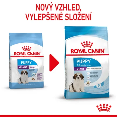 Porovnání starého a nového balení Royal Canin Puppy Giant pro štěňata nad 45 kg, text: Nový vzhled, vylepšené složení. Nové balení uvádí věk 2–8 měsíců.