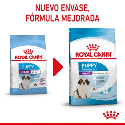 ROYAL CANIN PUPPY GIANT, cambio de envase y fórmula mejorada. Nuevo paquete indica 2–8 months/mois, adult weight over 45 kg. Imagen de cachorro en ambos envases.