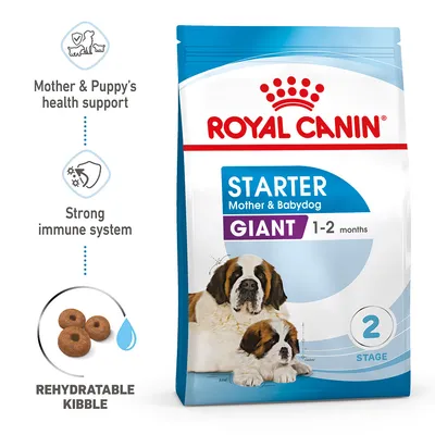 Starter food for mother and babydog, giant breed, 1-2 months. Supports health, strong immune system, rehydratable kibble. Stage 2.