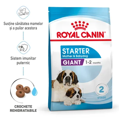 Pachet Royal Canin Starter Mother & Babydog Giant 1–2 months, imagine cu doi câini mari, text: Susține sănătatea mamelor și a puilor acestora, Sistem imunitar puternic, Crochete rehidratabile.
