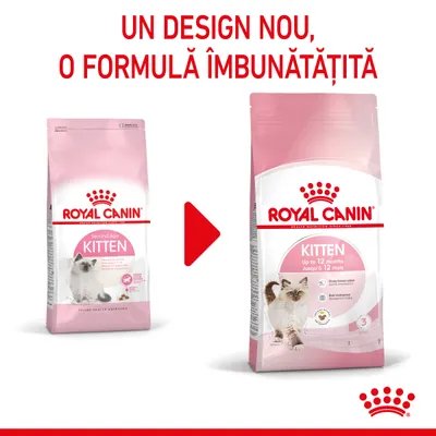 Royal Canin Kitten, ambalaj vechi și nou cu textul: Un design nou, o formulă îmbunătățită. Pe ambalaj: Kitten up to 12 months, Royal Canin, imagine pisoi.