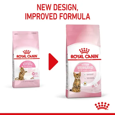 Image showing Royal Canin Kitten Sterilised food with a new design and improved formula, highlighting the change from old to updated packaging for kittens aged 6-12 months.
