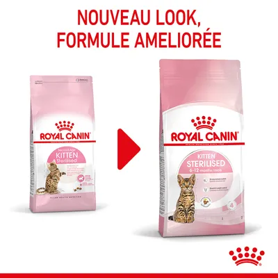 ROYAL CANIN Kitten Sterilised, nouveau look, formule améliorée, visible sur deux paquets avec un chaton et texte : 6–12 months/mois.