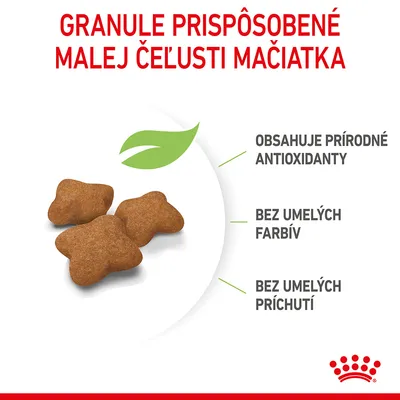 Granule prispôsobené malej čeľusti mačiatka. Obsahuje prírodné antioxidanty, bez umelých farbív a bez umelých príchutí.