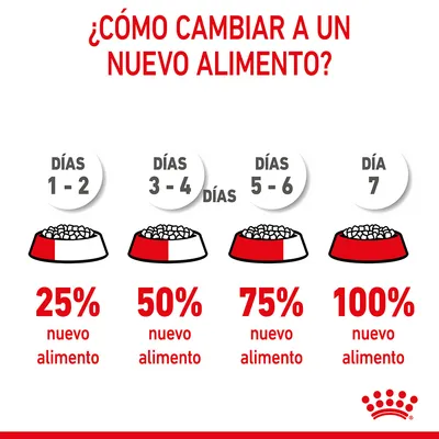 Guía de cambio a nuevo alimento: días 1–2, 25 %; días 3–4, 50 %; días 5–6, 75 %; día 7, 100 % nuevo alimento. Incluye ilustraciones de comederos y logotipo Royal Canin.