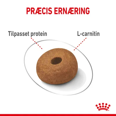 Præcis ernæring. Foderpille med tekst: Tilpasset protein, L-carnitin. Rød kronegrafik nederst.