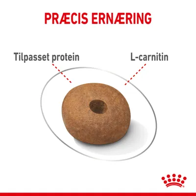 PRÆCIS ERNÆRING, Tilpasset protein, L-carnitin. Billede af foderpille med tekstmarkeringer for indhold.