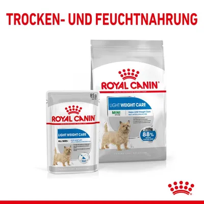 Royal Canin Light Weight Care Trocken- und Feuchtnahrung für Hunde. Verpackungen mit Produktdetails: Mini, All Sizes, hilft Gewichtszunahme zu begrenzen, Protein-Ergebnis 88%.
