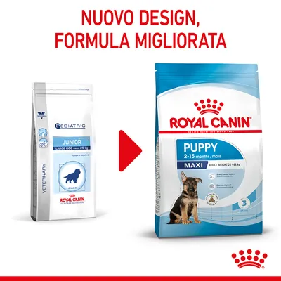 Confronto tra vecchio e nuovo sacco Royal Canin: Pediatric Junior Large Dog oltre 25 kg e Puppy Maxi 2–15 mesi, peso adulto 26–44 kg. Testo: Nuovo design, formula migliorata.
