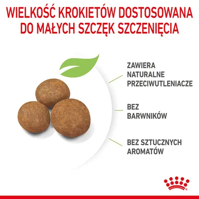 Wielkość krokietów dostosowana do małych szczęk szczenięcia. Zawiera naturalne przeciwutleniacze, bez barwników, bez sztucznych aromatów. Trzy okrągłe krokiety.