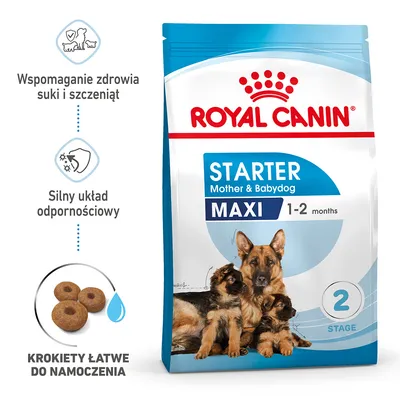 Royal Canin Starter Mother & Babydog Maxi 1–2 months, wspomaganie zdrowia suki i szczeniąt, silny układ odpornościowy, krokiety łatwe do namoczenia, opakowanie 2 stage