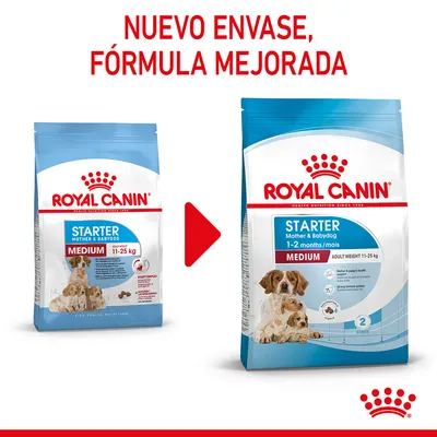 ROYAL CANIN Starter Mother & Babydog Medium 11–25 kg, imagen comparativa de antiguo y nuevo envase con texto: NUEVO ENVASE, FÓRMULA MEJORADA.