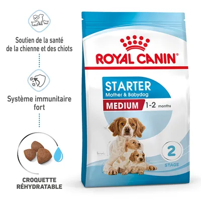 Sachet Royal Canin Starter Mother & Babydog Medium 1–2 months, soutien de la santé de la chienne et des chiots, système immunitaire fort, croquette réhydratable, illustration chiens.