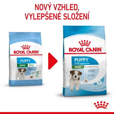 ROYAL CANIN PUPPY MINI – změna obalu a složení. Nový vzhled, vylepšené složení. Na obalech text: PUPPY MINI, 2–10 months/mois, adult weight up to 10 kg.