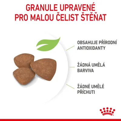 Granule upravené pro malou čelist štěňat, obsahuje přírodní antioxidanty, žádná umělá barviva, žádné umělé příchuti. Zobrazeny tři granule.