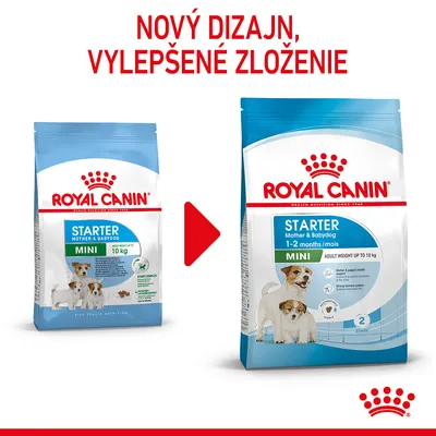 Royal Canin Starter Mini Mother & Babydog – porovnanie starého a nového balenia, text: Nový dizajn, vylepšené zloženie. Na obale viditeľné: 1–2 months/mois, adult weight up to 10 kg.