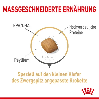 Tailored nutrition: Kibble specially adapted for the small jaw of the Zwergspitz with EPA/DHA, highly digestible proteins and psyllium.