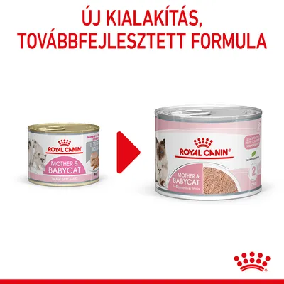Új kialakítás, továbbfejlesztett formula. Royal Canin Mother & Babycat macskaeledel régi és új csomagolása egymás mellett.