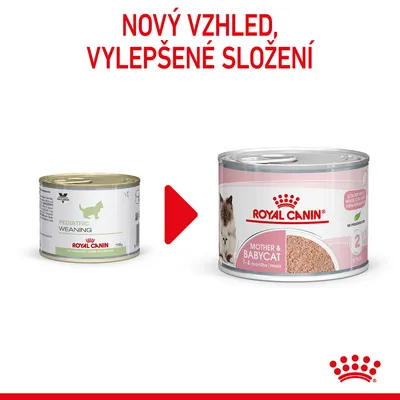 Porovnání starého a nového balení konzervy Royal Canin: Pediatric Weaning a Mother & Babycat 1–4 months. Text: Nový vzhled, vylepšené složení.