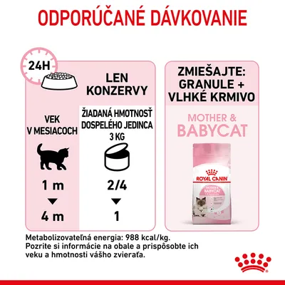 Odporúčané dávkovanie Royal Canin Mother & Babycat: len konzervy pre mačiatka 1–4 mesiace, žiadaná hmotnosť dospelého jedinca 3 kg, zmiešajte granule a vlhké krmivo.