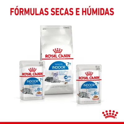 Royal Canin Indoor 7+ para gatos, fórmulas secas e húmidas visíveis em embalagens de saco e saquetas. Texto: FÓRMULAS SECAS E HÚMIDAS.