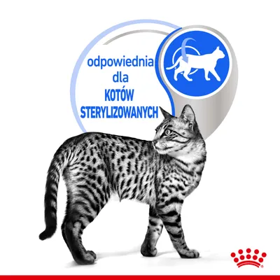 Odpowiednia dla kotów sterylizowanych – widoczny napis oraz sylwetka kota na białym tle. W prawym dolnym rogu czerwony znak graficzny z koroną.