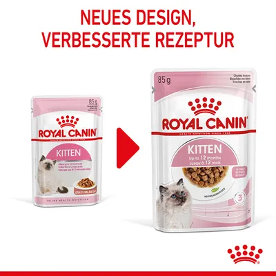 Royal Canin Kitten Nassfutter, neues Design und verbesserte Rezeptur. Für Katzen bis zu 12 Monaten, 85g Beutel, in Sosse, ohne Konservierungsstoffe.