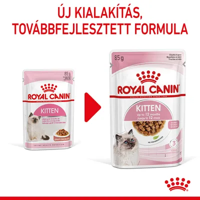 Royal Canin Kitten 85 g macskaeledel új csomagolása és továbbfejlesztett formula. Felirat: Új kialakítás, továbbfejlesztett formula. Kétféle tasak látható.