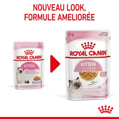 Comparaison de deux emballages Royal Canin Kitten 85 g, texte visible : 'Up to 12 months', 'Jusqu'à 12 mois', 'En gelée', 'No preservatives'. Nouveau look, formule améliorée.