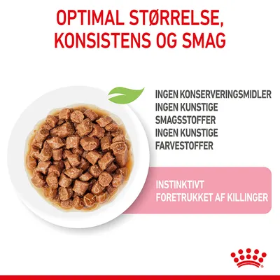 Optimal størrelse, konsistens og smag. Ingen konserveringsmidler, ingen kunstige smagsstoffer, ingen kunstige farvestoffer. Instinktivt foretrukket af killinger.