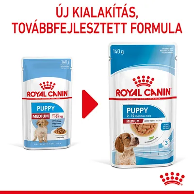 Royal Canin Puppy Medium 140 g, új csomagolás és továbbfejlesztett formula. Látható: régi és új tasak, 11–25 kg-os kölyökkutyáknak, 2–12 hónapos korig.