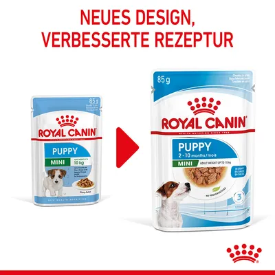 ROYAL CANIN PUPPY MINI 85 g, ancien et nouveau design. Nouveau sachet : PUPPY MINI 2–10 mois, poids adulte jusqu’à 10 kg, en sauce, sans conservateurs, texte allemand en haut.