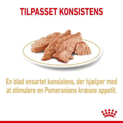 TILPASSET KONSISTENS. En blød ensartet konsistens, der hjælper med at stimulere en Pomeranians kræsne appetit. Billede af vådfoder på tallerken.