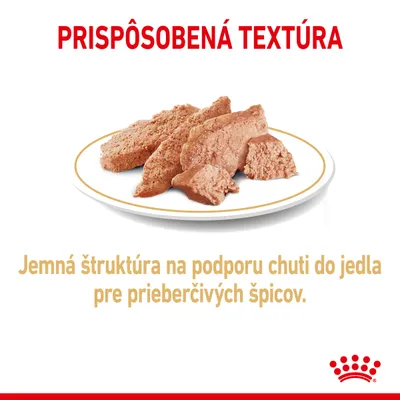PRISPÔSOBENÁ TEXTÚRA. Jemná štruktúra na podporu chuti do jedla pre prieberčivých špicov. Na obrázku je tanier s kúskami mäkkého krmiva.