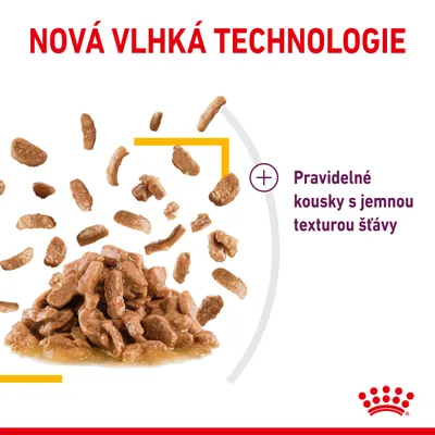 NOVÁ VLHKÁ TECHNOLOGIE. Pravidelné kousky s jemnou texturou šťávy. Zobrazeny kousky masa ve šťávě.