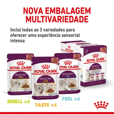 Royal Canin Sensory para gatos, embalagem multivariedade com 12 saquetas: 4 Smell, 4 Taste, 4 Feel. Texto: 'Inclui todas as 3 variedades para oferecer uma experiência sensorial intensa'.