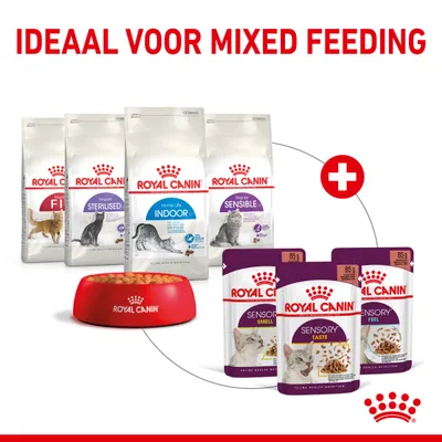 Royal Canin kattenvoer: Fit, Sterilised, Indoor, Sensible droogvoer en Sensory Smell, Taste, Feel natvoer. Tekst: Ideaal voor mixed feeding.