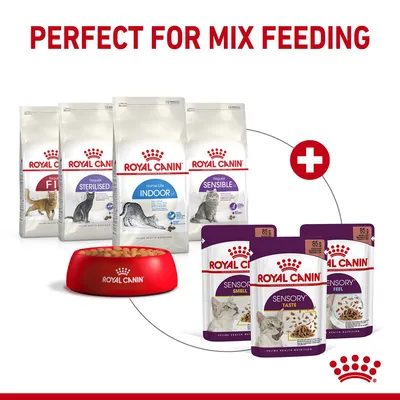 Image shows Royal Canin dry and wet food products with text 'Perfect for mix feeding', illustrating the combination of both types for feeding.